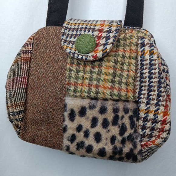 Range of Emotion Jeanea Michelle Purse Dont Forget Your Coat Brown Patches Wool - Picture 2 of 16